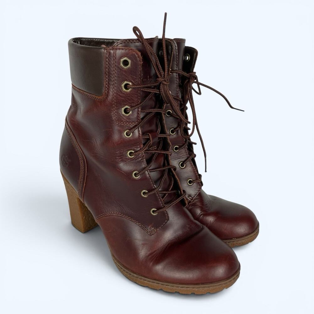 Timberland Glancy Burgundy Brown Leather Ankle Boots Heels Lace Up Size 8.5